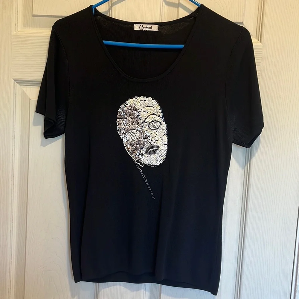 drama embroidered beaded face black top - Picture 1 of 4